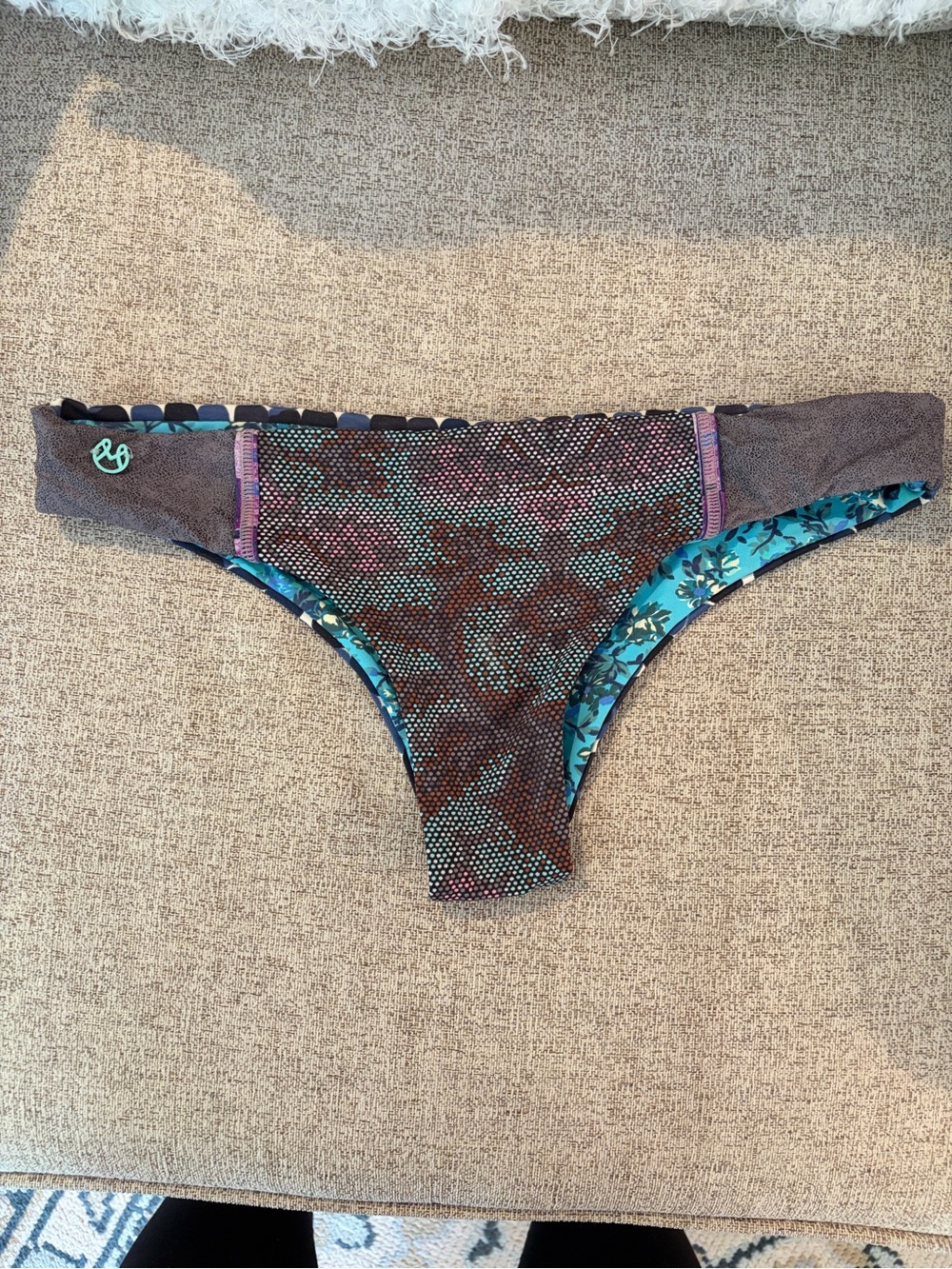 Maaji Reversible Bikini Bottom in Turquoise Floral & Brown Mosaic